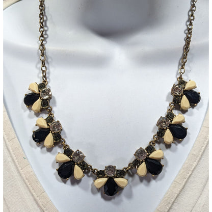 J Crew Preppy Black And Cream Gemmed Statement Necklace