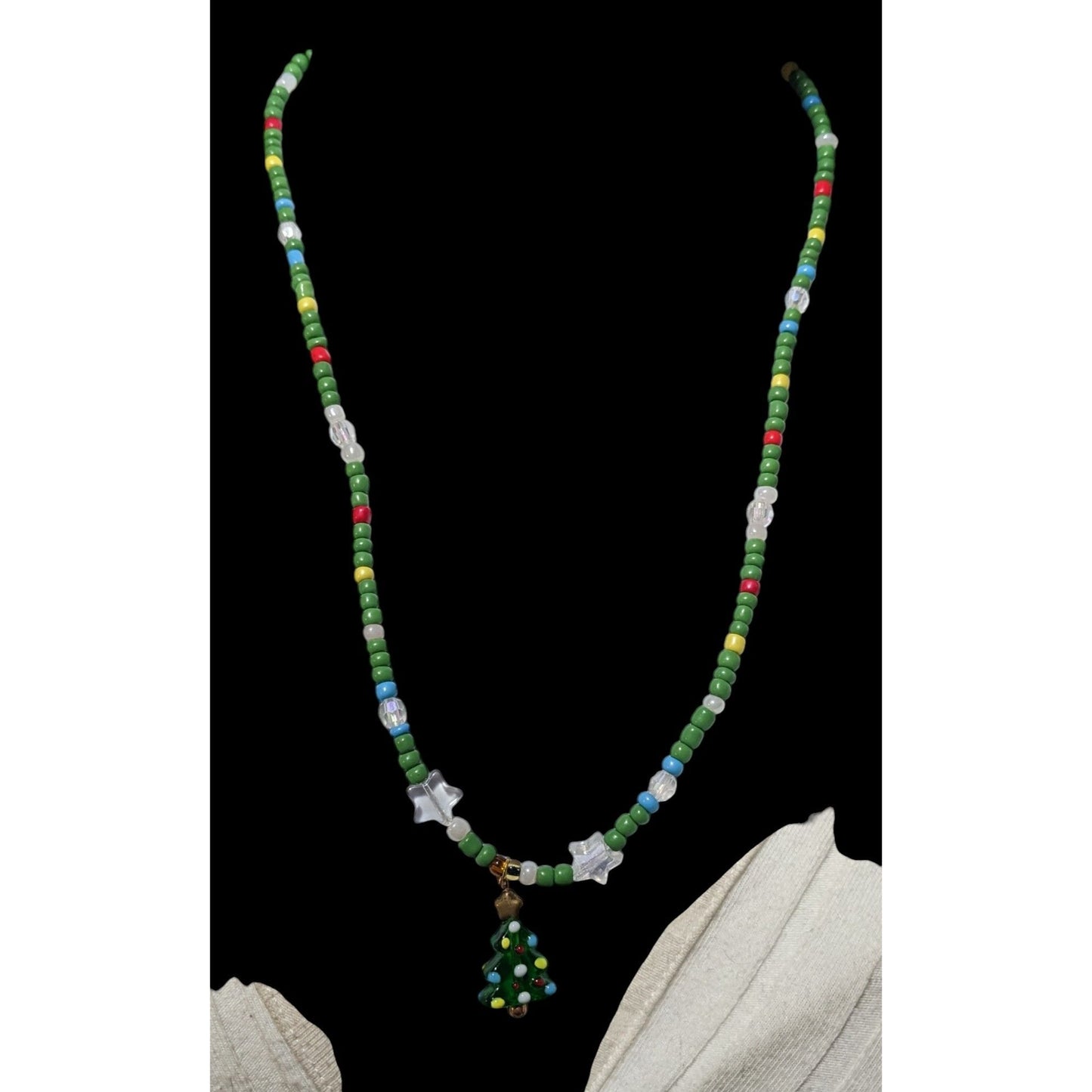 Handmade Green Glass Holiday Beaded Christmas Tree Necklace