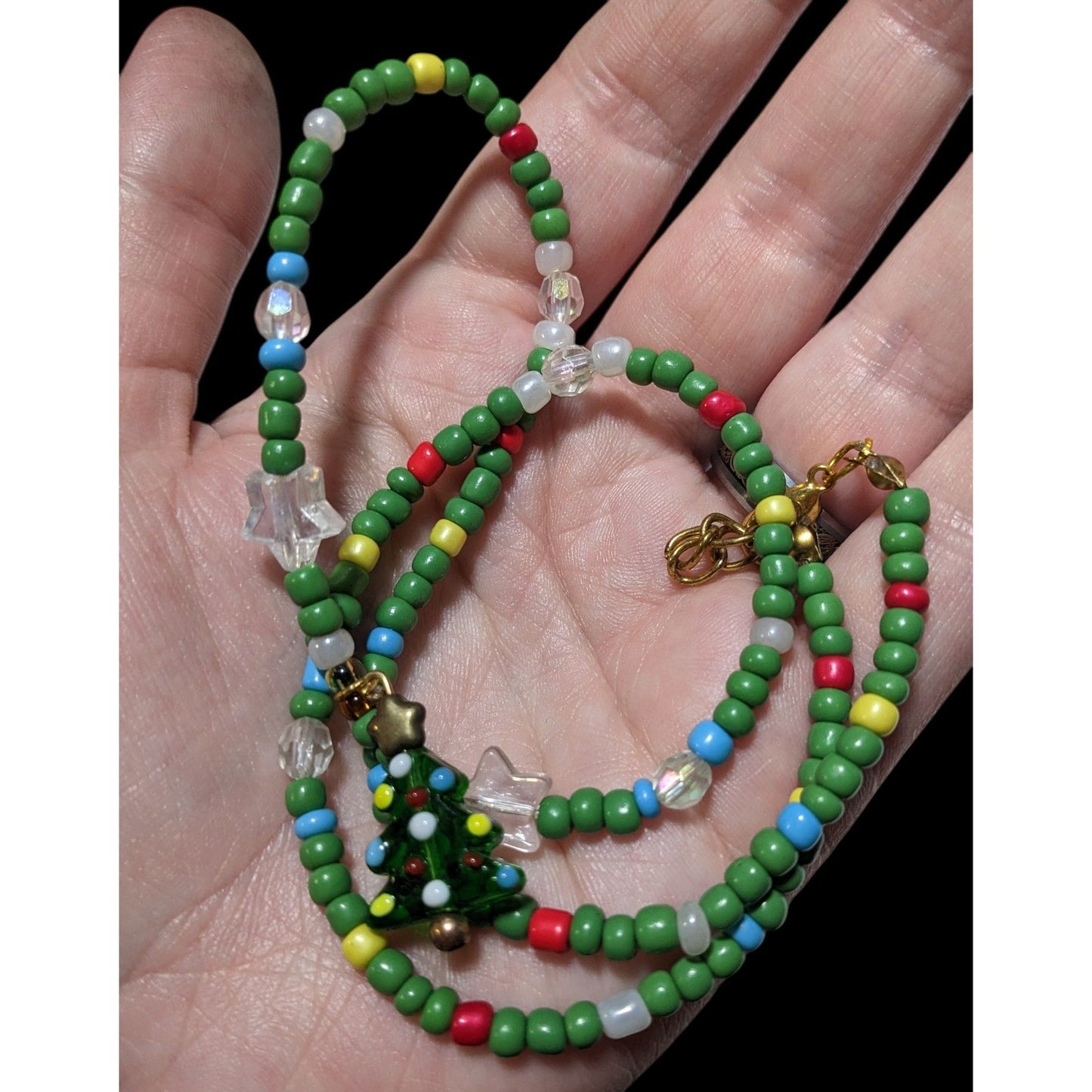 Handmade Green Glass Holiday Beaded Christmas Tree Necklace