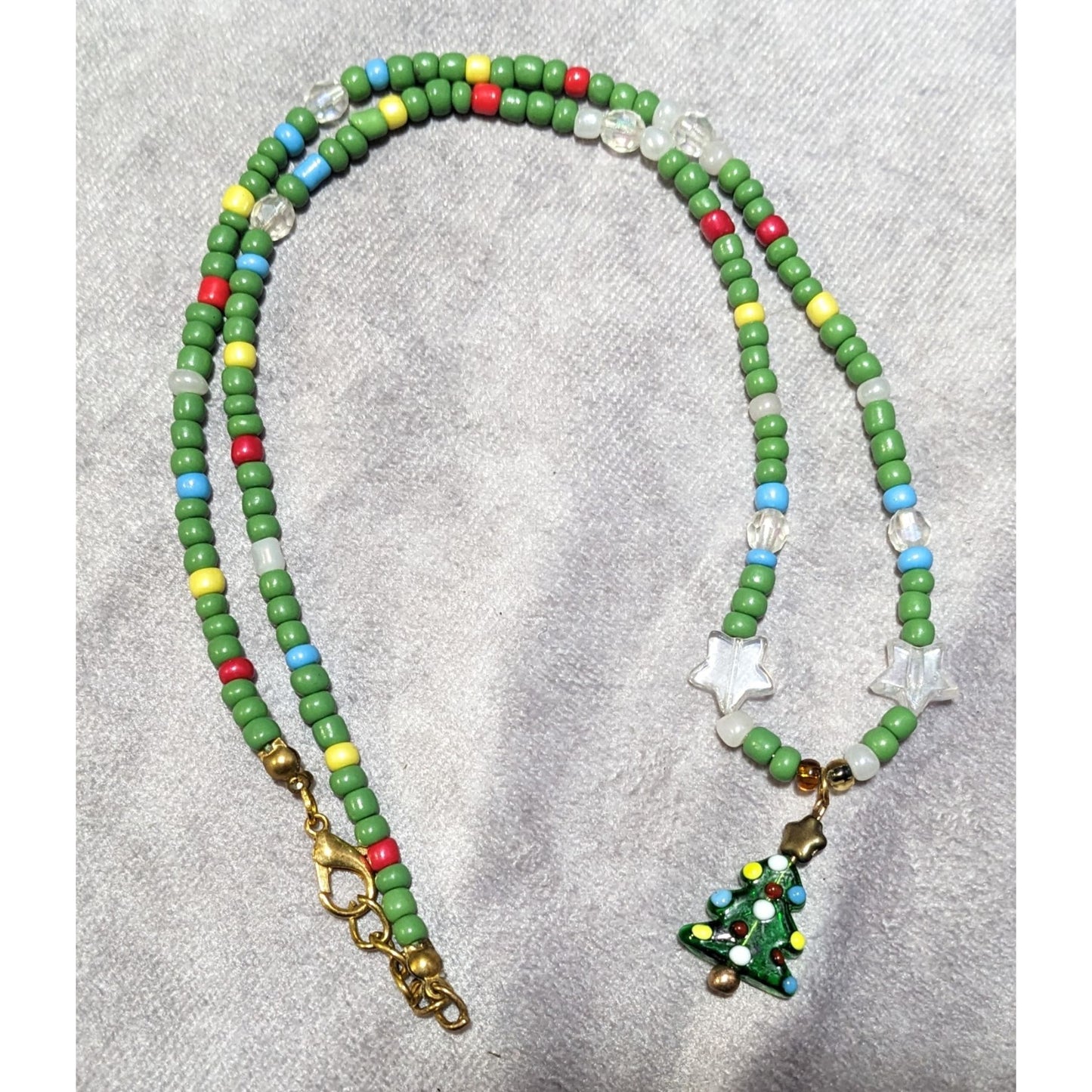 Handmade Green Glass Holiday Beaded Christmas Tree Necklace