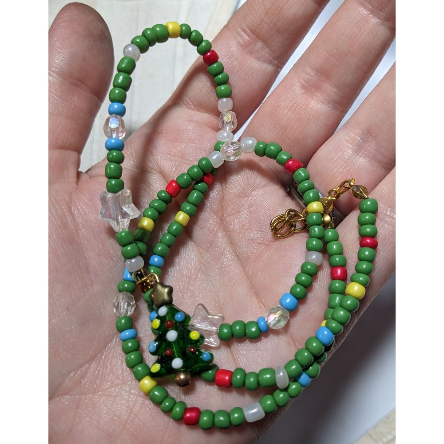 Handmade Green Glass Holiday Beaded Christmas Tree Necklace