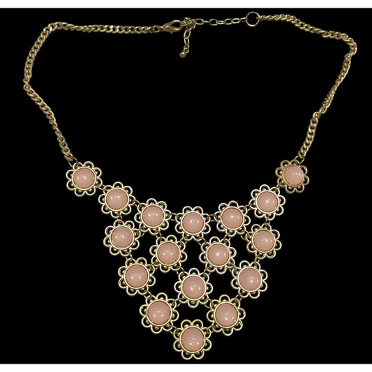 Vintage Coquette Floral Bib Necklace With Gold Tone Metal And Pink Cabochons