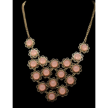 Vintage Coquette Floral Bib Necklace With Gold Tone Metal And Pink Cabochons