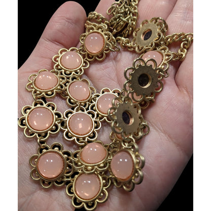Vintage Coquette Floral Bib Necklace With Gold Tone Metal And Pink Cabochons