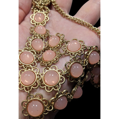 Vintage Coquette Floral Bib Necklace With Gold Tone Metal And Pink Cabochons