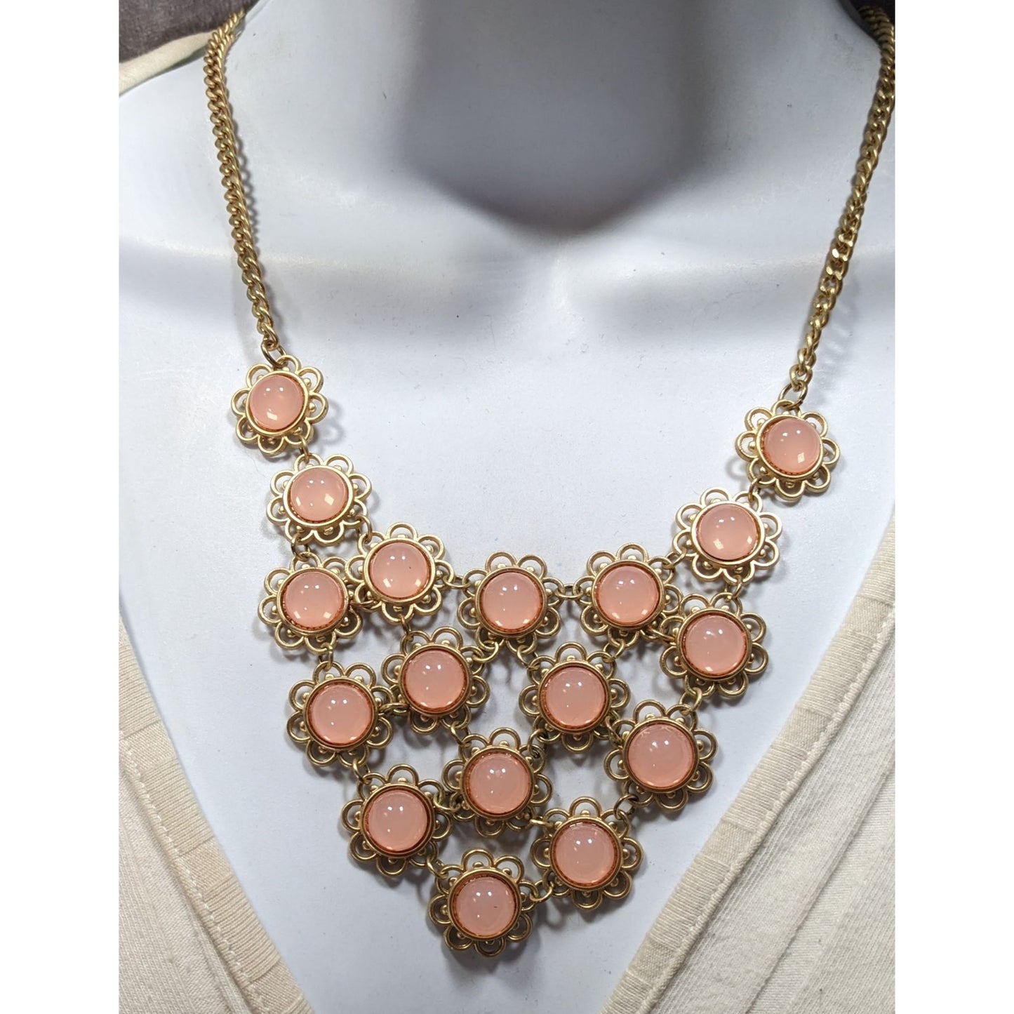 Vintage Coquette Floral Bib Necklace With Gold Tone Metal And Pink Cabochons