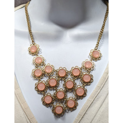Vintage Coquette Floral Bib Necklace With Gold Tone Metal And Pink Cabochons