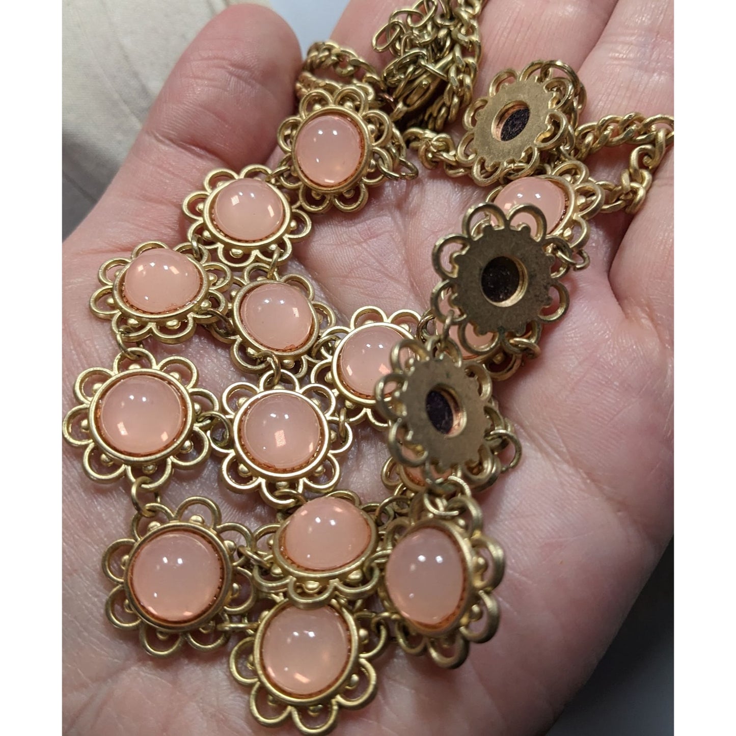 Vintage Coquette Floral Bib Necklace With Gold Tone Metal And Pink Cabochons