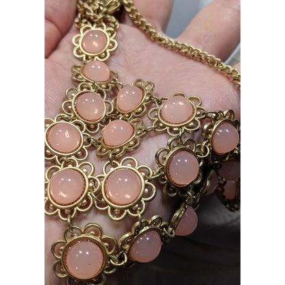 Vintage Coquette Floral Bib Necklace With Gold Tone Metal And Pink Cabochons