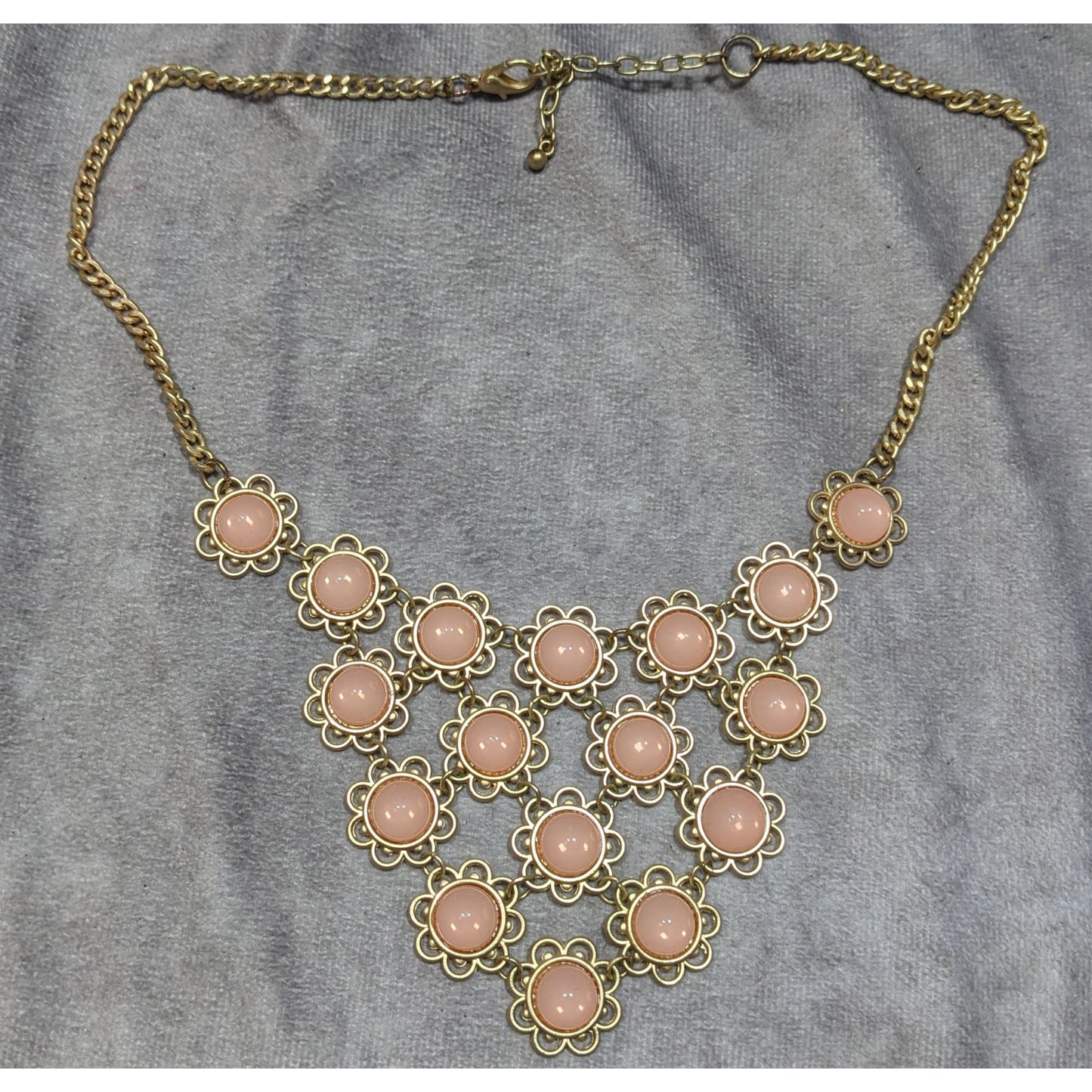 Vintage Coquette Floral Bib Necklace With Gold Tone Metal And Pink Cabochons