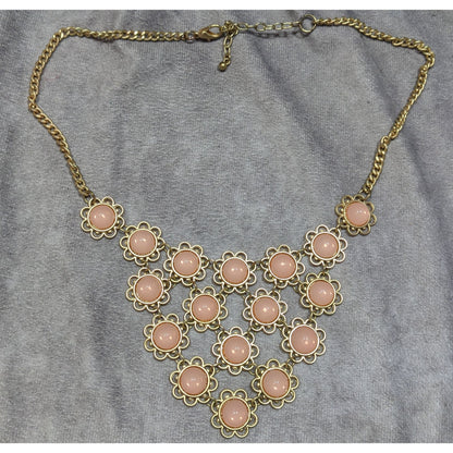 Vintage Coquette Floral Bib Necklace With Gold Tone Metal And Pink Cabochons