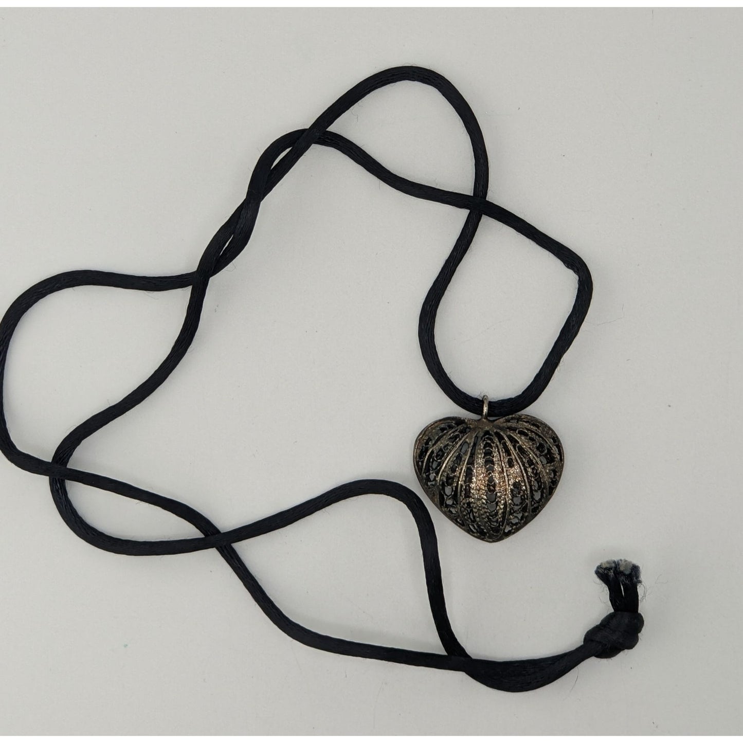 Silver Filigree Heart Pendant Necklace Black Cord Romantic Gothic Boho Jewelry