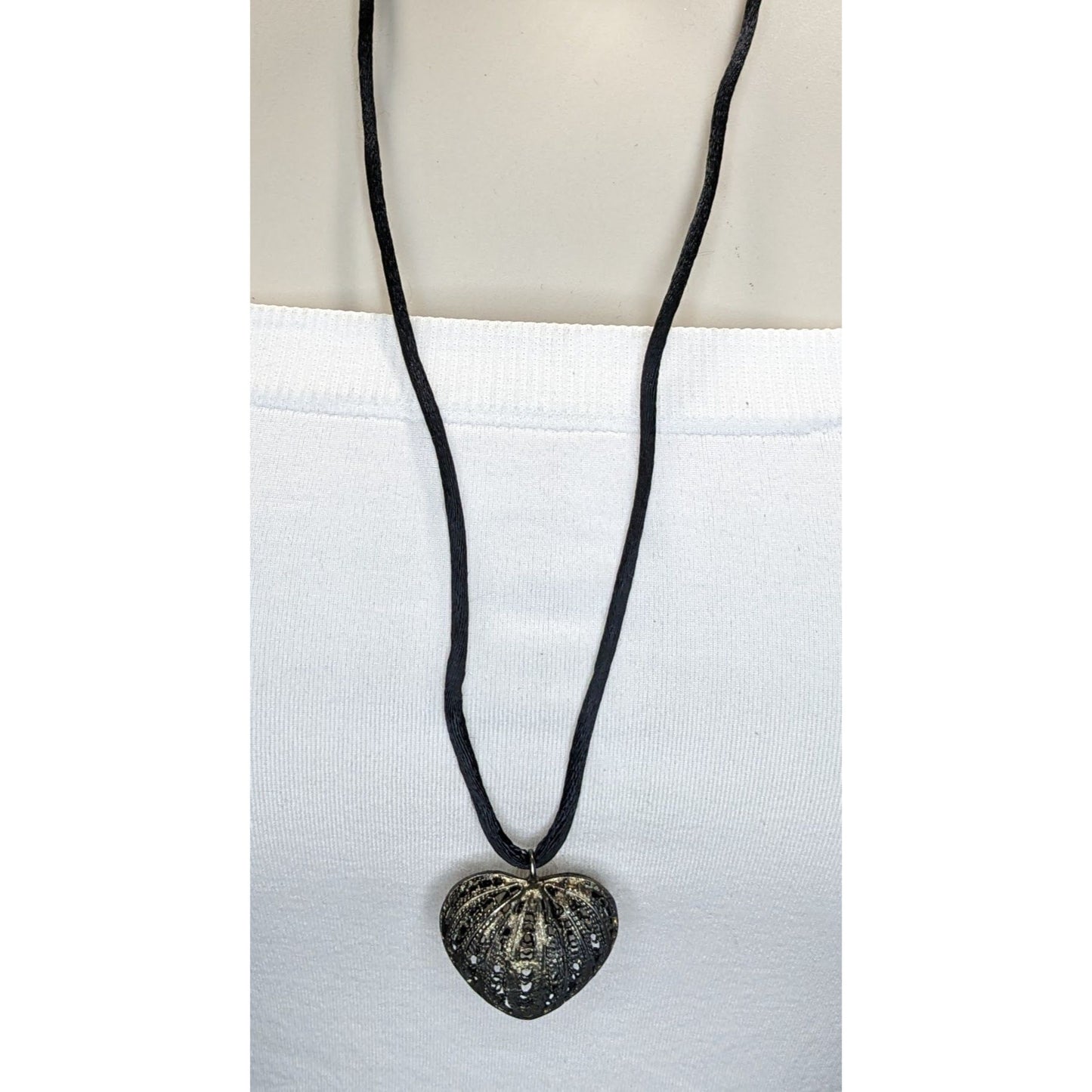 Silver Filigree Heart Pendant Necklace Black Cord Romantic Gothic Boho Jewelry