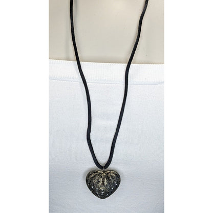 Silver Filigree Heart Pendant Necklace Black Cord Romantic Gothic Boho Jewelry