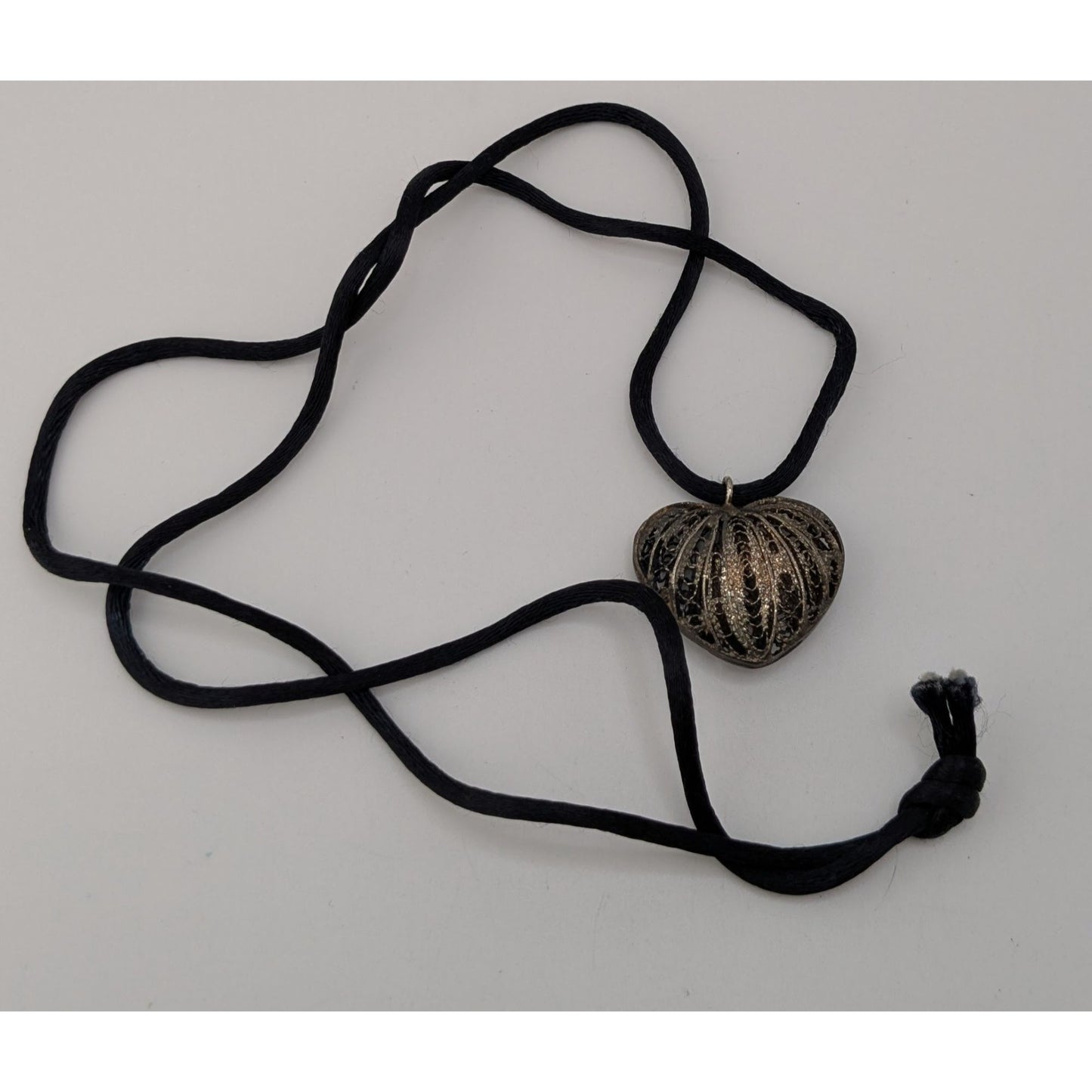 Silver Filigree Heart Pendant Necklace Black Cord Romantic Gothic Boho Jewelry