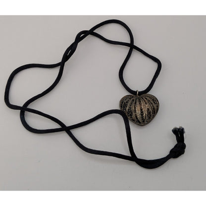 Silver Filigree Heart Pendant Necklace Black Cord Romantic Gothic Boho Jewelry