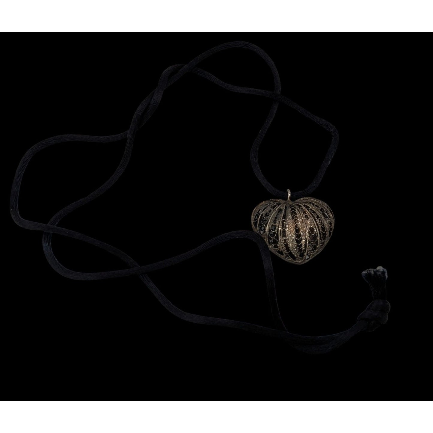 Silver Filigree Heart Pendant Necklace Black Cord Romantic Gothic Boho Jewelry