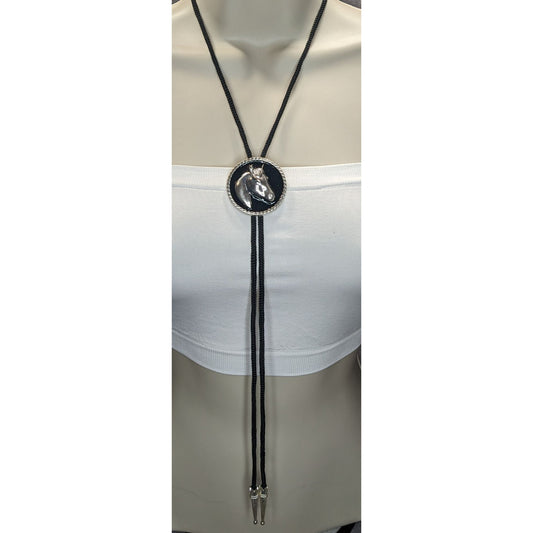 Horse Head Western Bolo Tie Adjustable Black Cord Silver