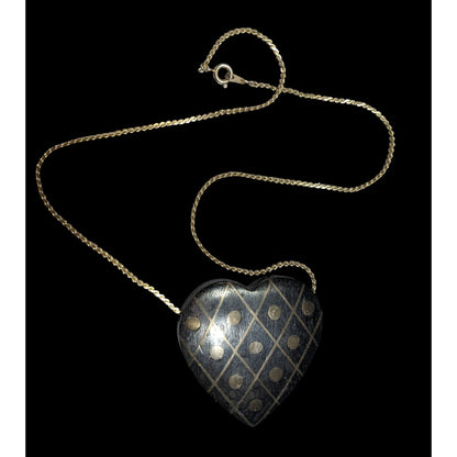 Vintage Wooden Heart Pendant Necklace With Brass Inlay