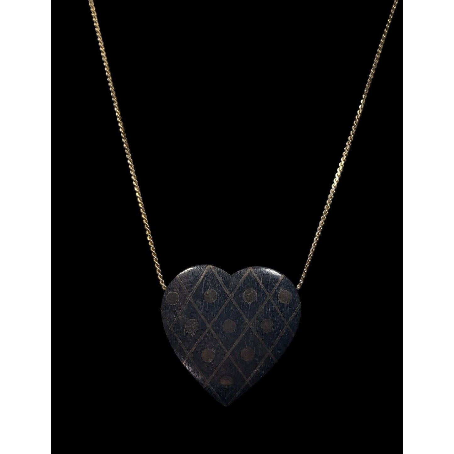 Vintage Wooden Heart Pendant Necklace With Brass Inlay