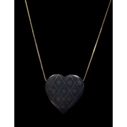 Vintage Wooden Heart Pendant Necklace With Brass Inlay