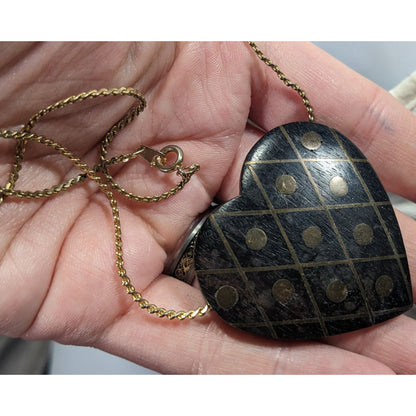 Vintage Wooden Heart Pendant Necklace With Brass Inlay