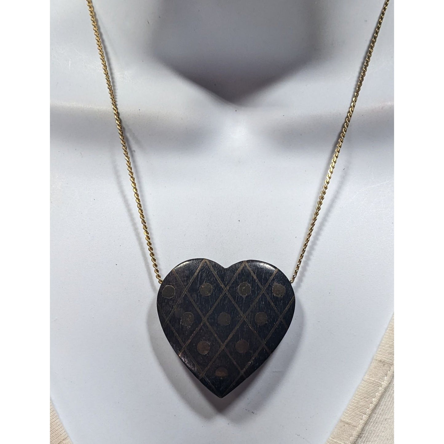 Vintage Wooden Heart Pendant Necklace With Brass Inlay
