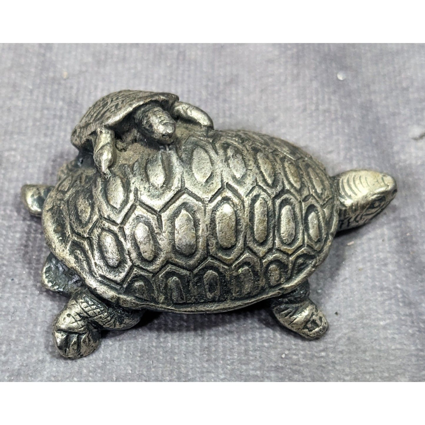Vintage Pewter Signed Mom And Baby Turtle Figurine