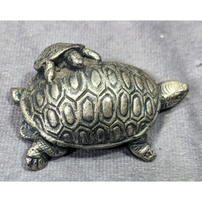 Vintage Pewter Signed Mom And Baby Turtle Figurine