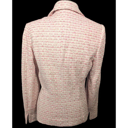 Vintage Textured Pink And White Woven Button Front Blazer