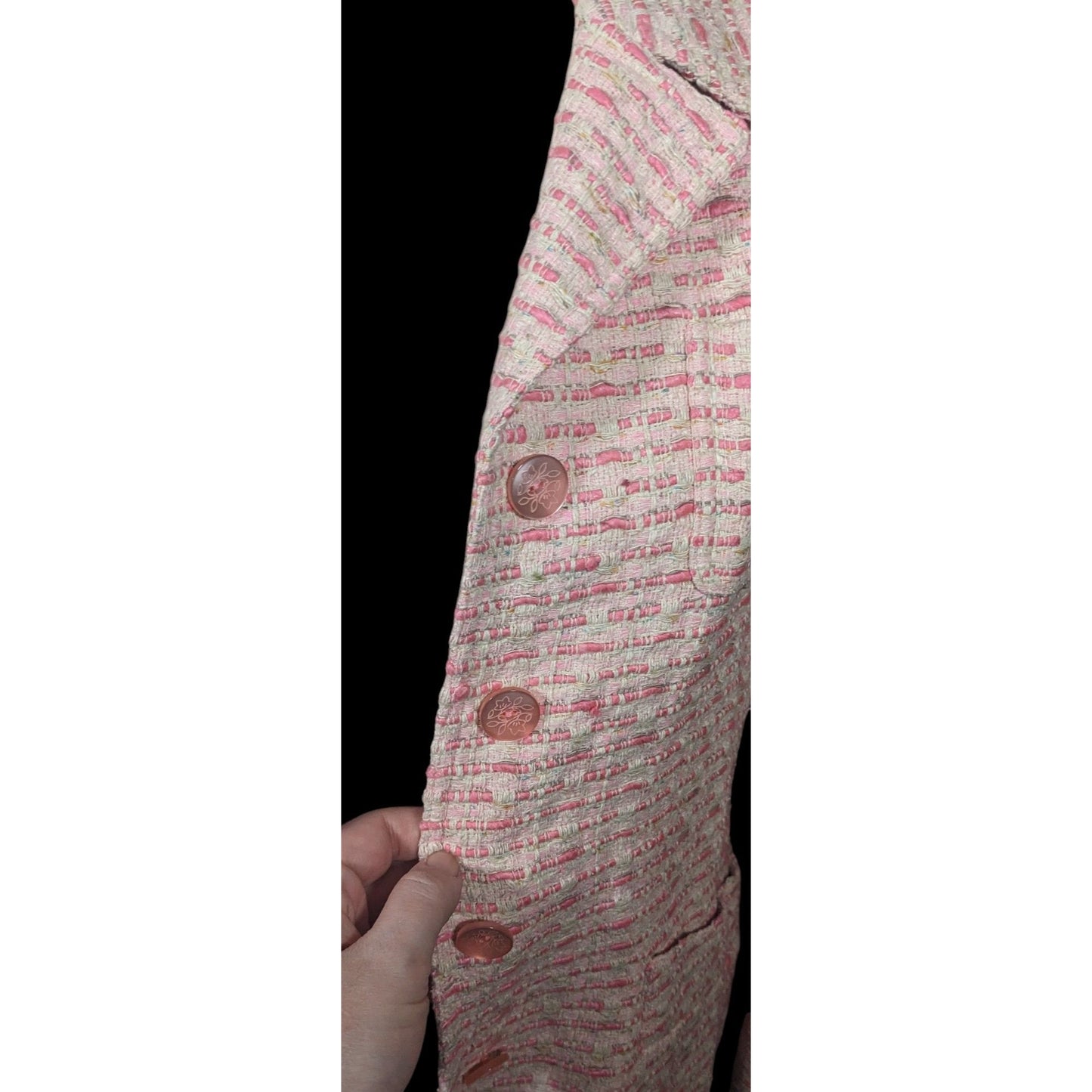 Vintage Textured Pink And White Woven Button Front Blazer