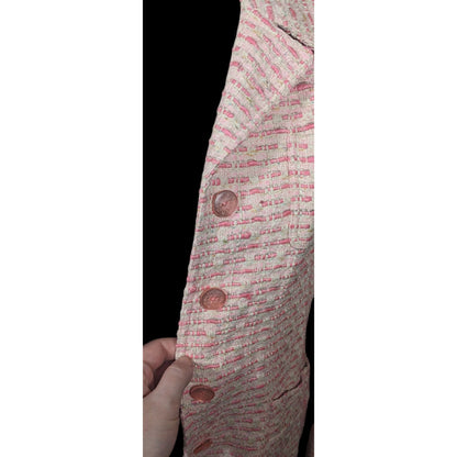 Vintage Textured Pink And White Woven Button Front Blazer