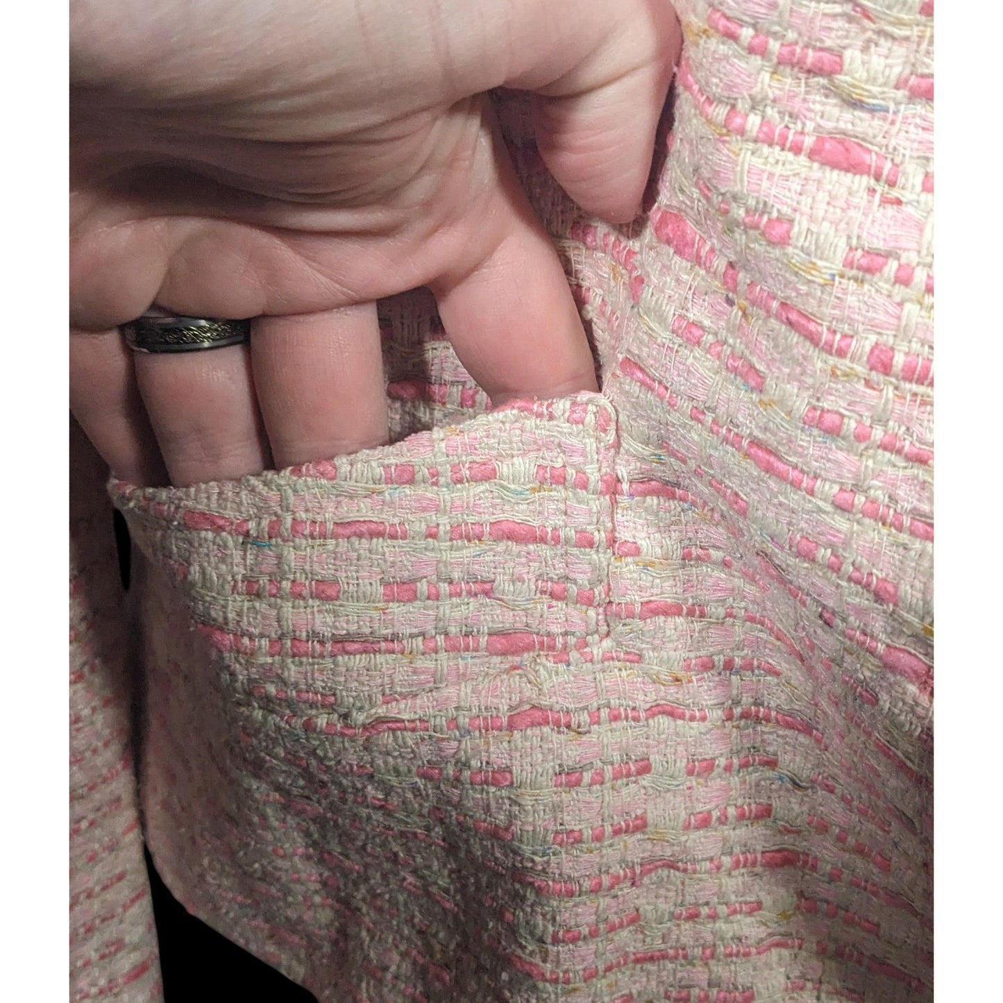 Vintage Textured Pink And White Woven Button Front Blazer