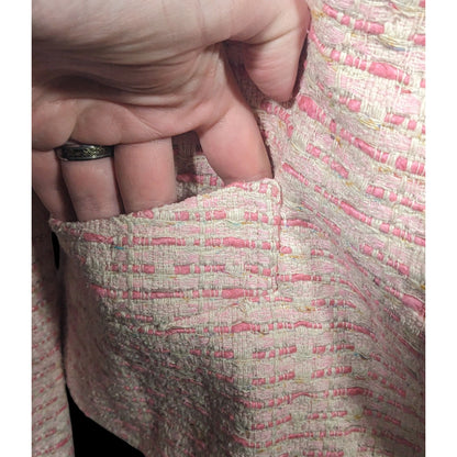 Vintage Textured Pink And White Woven Button Front Blazer