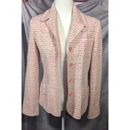Vintage Textured Pink And White Woven Button Front Blazer
