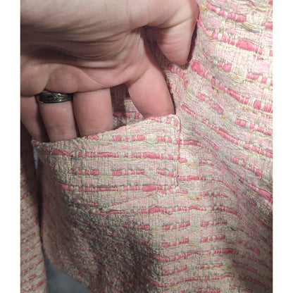 Vintage Textured Pink And White Woven Button Front Blazer