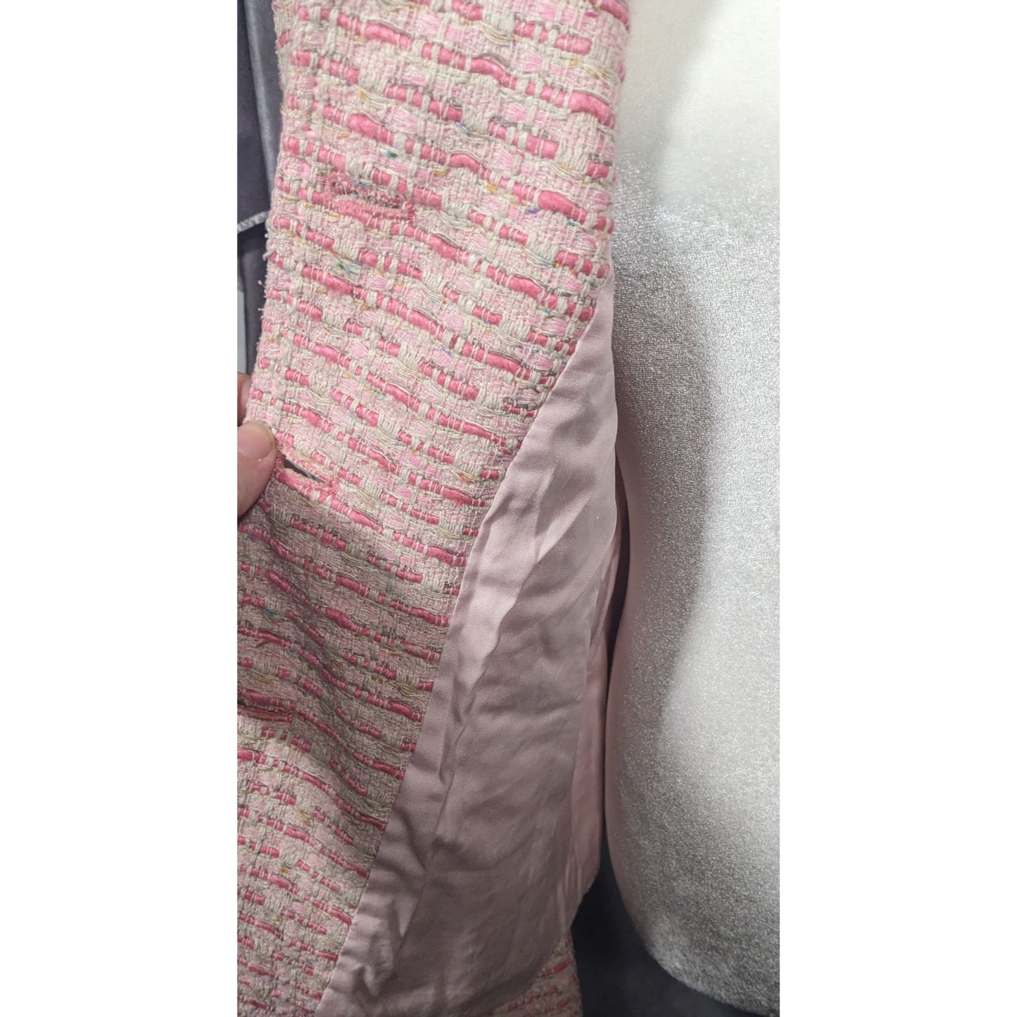 Vintage Textured Pink And White Woven Button Front Blazer