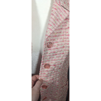 Vintage Textured Pink And White Woven Button Front Blazer