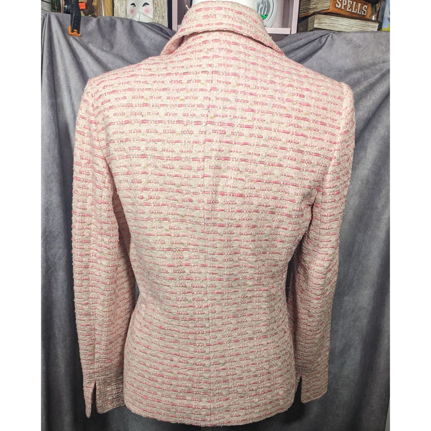 Vintage Textured Pink And White Woven Button Front Blazer