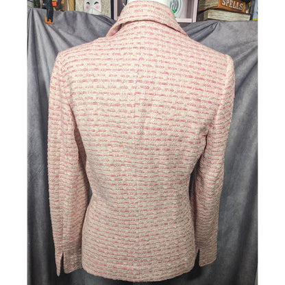 Vintage Textured Pink And White Woven Button Front Blazer