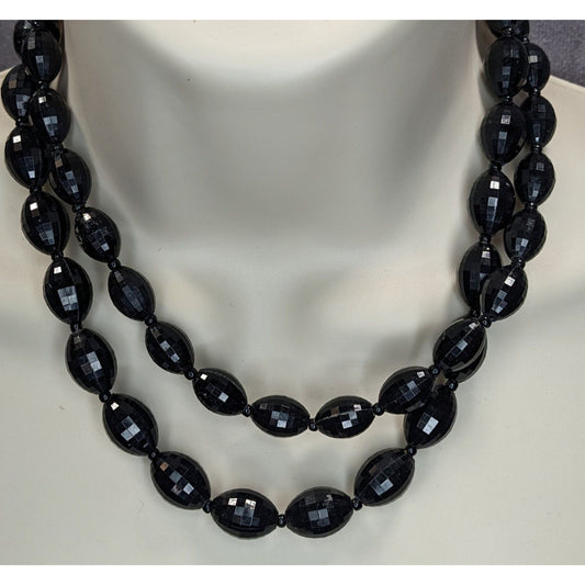 Vintage Black Faceted Beaded Necklace Double Strand Glam Goth Corporate Goth