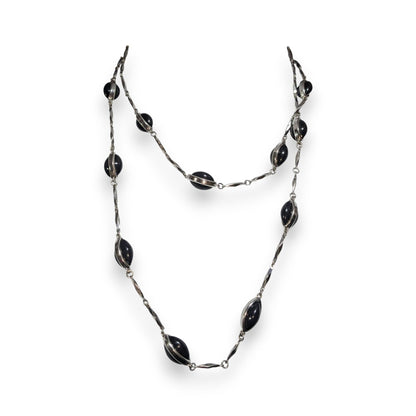 Vintage Gothic Modernist Silver Tone Black Oval Station Necklace 39 Inch