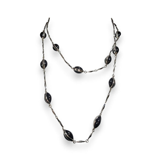 Vintage Gothic Modernist Silver Tone Black Oval Station Necklace 39 Inch