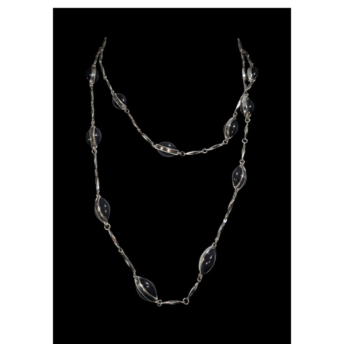 Vintage Gothic Modernist Silver Tone Black Oval Station Necklace 39 Inch