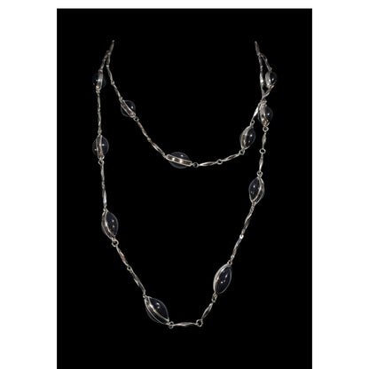 Vintage Gothic Modernist Silver Tone Black Oval Station Necklace 39 Inch
