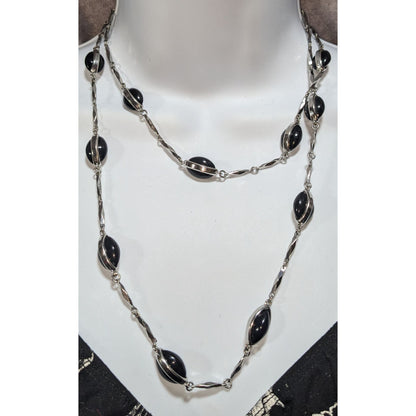 Vintage Gothic Modernist Silver Tone Black Oval Station Necklace 39 Inch