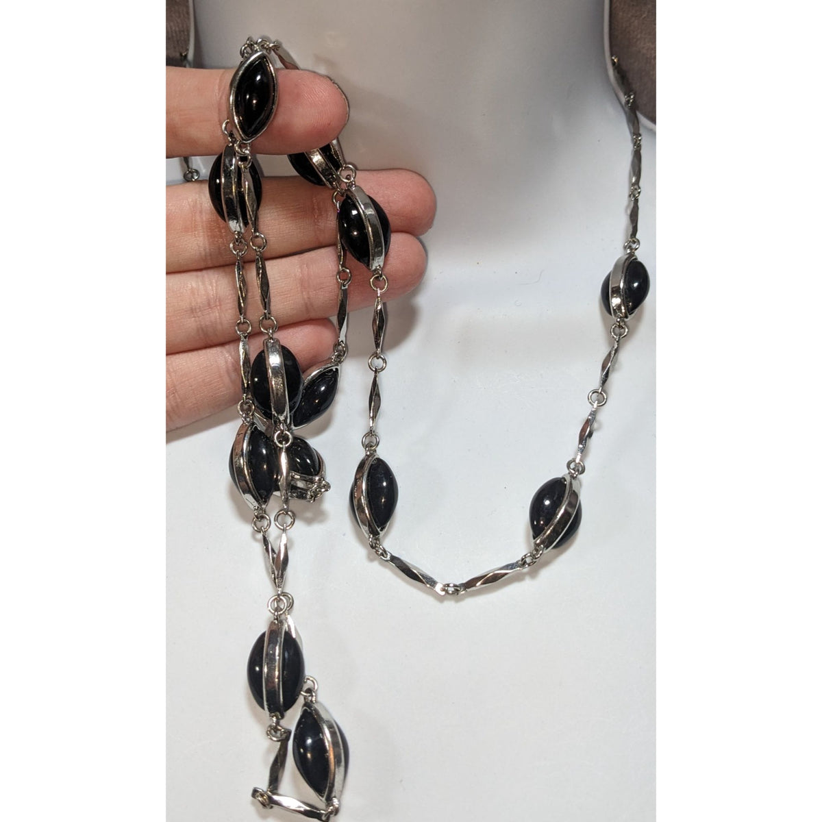 Vintage Gothic Modernist Silver Tone Black Oval Station Necklace 39 Inch