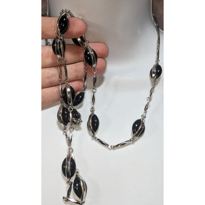 Vintage Gothic Modernist Silver Tone Black Oval Station Necklace 39 Inch
