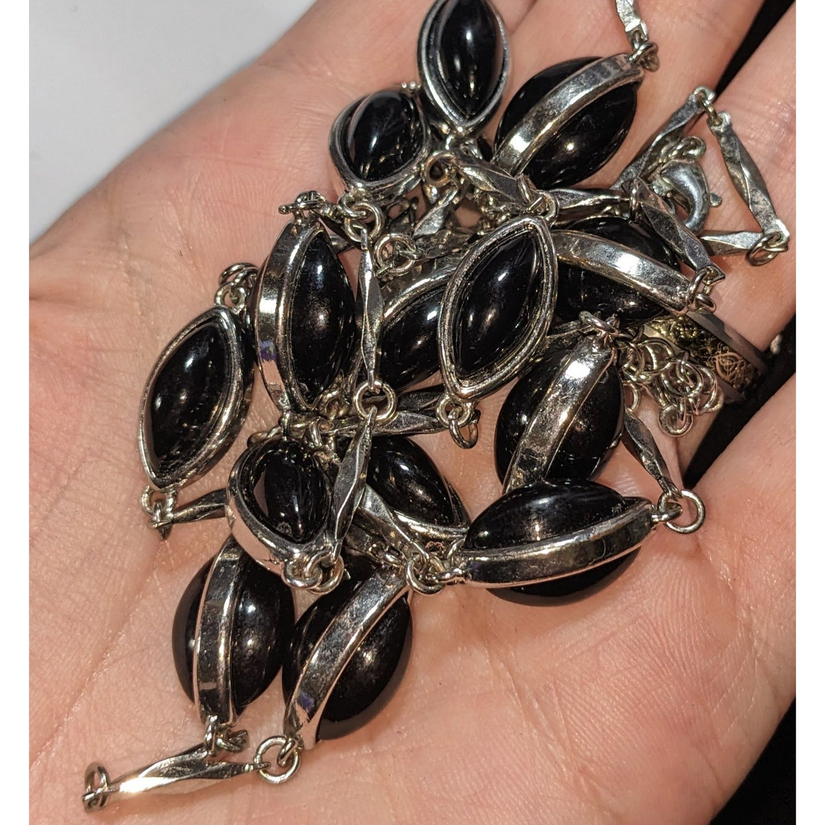 Vintage Gothic Modernist Silver Tone Black Oval Station Necklace 39 Inch