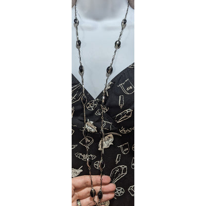 Vintage Gothic Modernist Silver Tone Black Oval Station Necklace 39 Inch